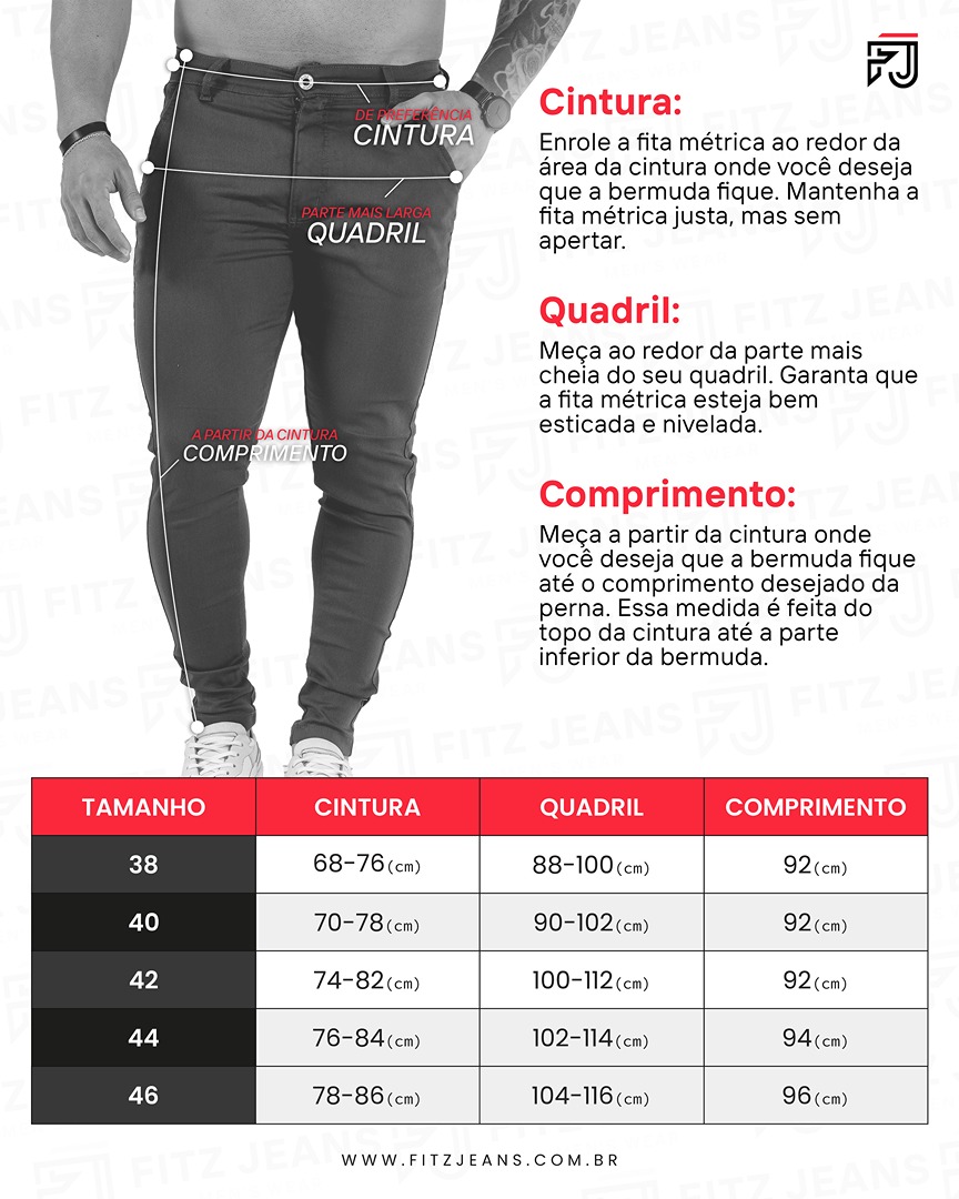Tabela de medidas shorts sarja